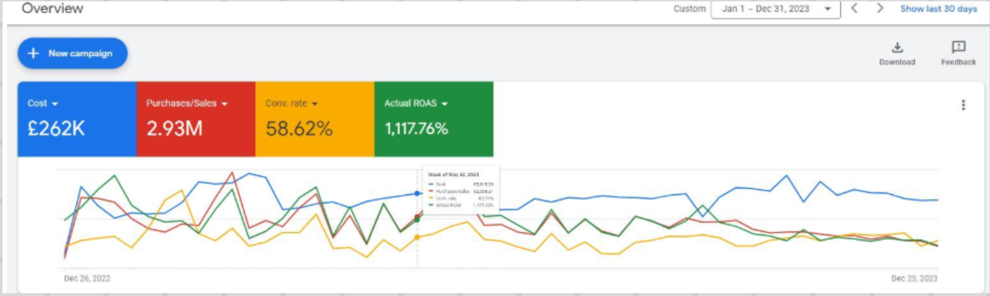 Expert Medical — Google Ads overview: £262K cost, £2.93M purchases, 58.62% conversion rate, 1,117.76% ROAS