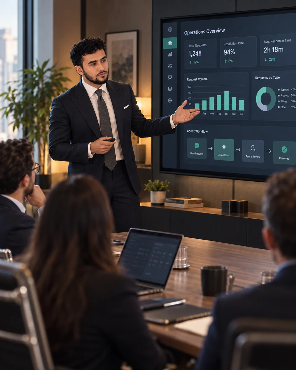 Abbas Fannoush in a navy suit presenting an AI business dashboard to a small group in a boardroom.